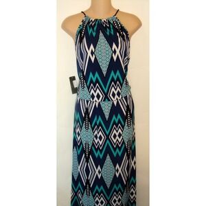LAUNDRY BY DESIGN BLUE TURQUOISE WHITE PRINT MAXI DRESS SIZE LARGE NEW  BN